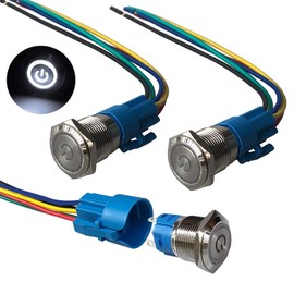 FULARR 3 Pcs Premium 19mm Self-Locking Latching Push Button Switch, 12V/24V 5A Car Ignition Starter Switch, IP67 Waterproof Stainless Steel Push Button Switch with Wire Socket Plug (White LED)
