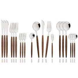 JASHII Wood Handle Flatware Set, 20 Pieces Stainless Steel Silverware Cutlery Set, Mirror Polished, Knife Fork Spoon Set, Dishwasher Safe - Pointed Head Silver