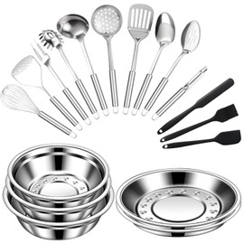 Cooking Utensils Set Stainless Steel, 18 Pcs Practical Kitchen Utensils Set with Mixing Bowls and Metal Plates, Heat Resistant Kitchen Utensil Set, Kitchen Tool Set for Cooking, Easy to Clean
