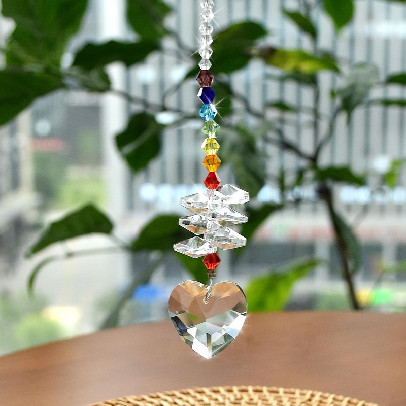 Libiline Crystal Rainbow Suncatcher with Chakra Beads, Clear Sweet Heart