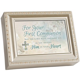 First Communion The Lord Bless Silvertone Rope Trim Jewelry Music Box Plays Amazing Grace