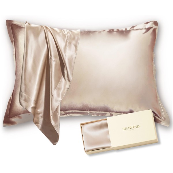 SEAWIND Silk Pillow Cover, Washable, Double-Sided Silk, 19 Momme, Moisturizing Hair, Beautiful Skin, Sleep Soundly (16.9 x 24.8 inches (43 x 63 cm), Champagne Gold)