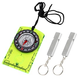 1 Piece Fluorescent Green Compass and 2 Pieces Silver Whistle Outdoor Accessories Hiking Compass Mini Compass Camping Gear Kids Compass Portable Compass