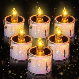 ANGMLN 6pcs Solar Tea Lights Outdoor,Flameless Flicker LED Solar Candles with Dusk to Dawn Sensor,Rechargeable Waterproof Candle Lights for Lantern Garden Camping Party Home Decorations,Warm White