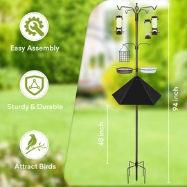 YINGYM 6-Hook Bird Feeding Station Kit, 94 Inch Heavy Duty Bird Feeder Stand Pole for Outdoors Hanging with 4 Feeders, Wide Metal Squirrel Baffle, Attracting Wild Birds
