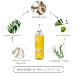 Dr. Natural Jabón de Castilla Líquido para Cuerpo | Natural, Orgánico, Sin Sulfatos y Parabenos | Shampoo y Jabon Facial | Hecho de Plantas, Aceite de Oliva, Coco y Palma, Manteca de Karité y Romero (Sin Esencia)