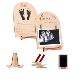 Baby Announcement Sign With Ink Pad and Pen, Cute Wooden Ultrasound Picture Frame, Beautiful Sign for The Announcement of Newbron 's Birth, Nursery Sonogram Photo Decor for First Time Moms