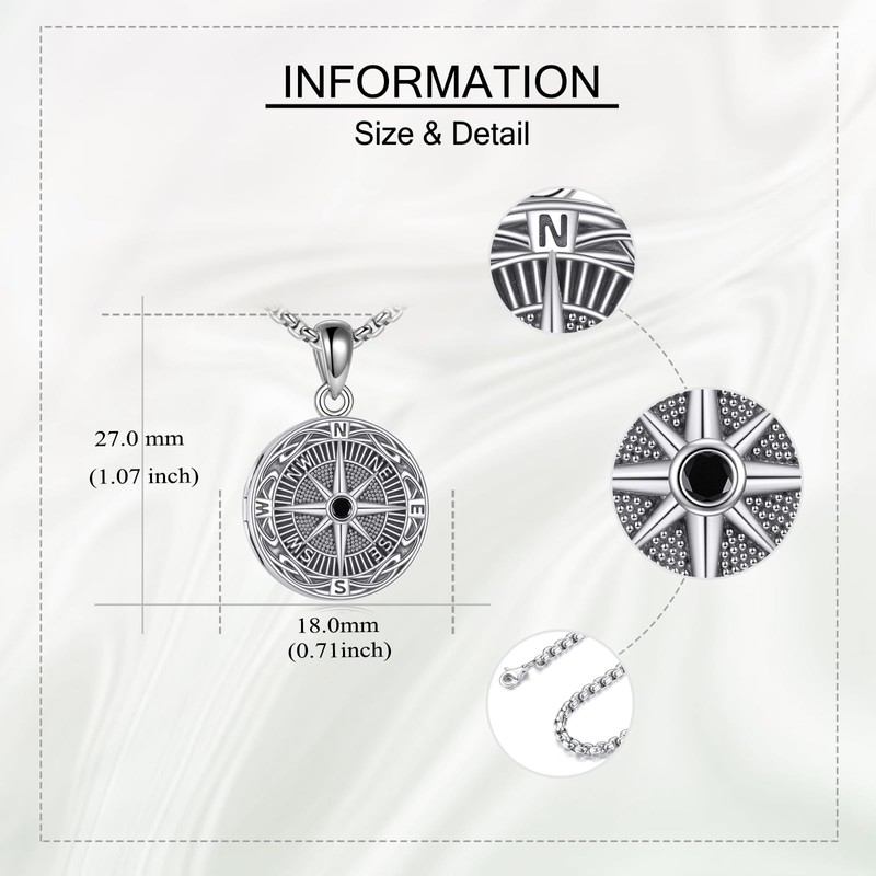 URONE Compass Locket Chain 925 Sterling Silver Compass Locket Pendant