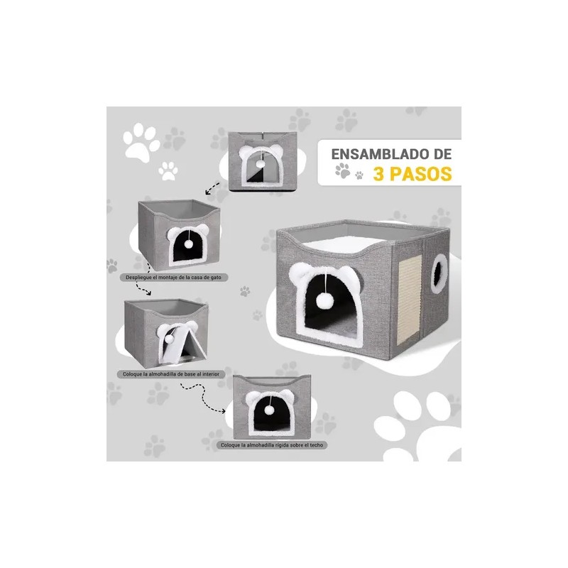 Casa para Gatos Plegable LovePaws Gris, con Rascador y Cojín