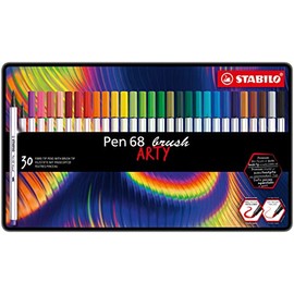 Premium Fibre-Tip Pen with Brush Tip - STABILO Pen 68 brush - ARTY - Tin of 30 - Assorted Colours
