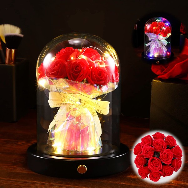 PARTTELY Valentines Day Rose Flowers Gifts for Her, 14-Piece Forever Preserved Roses in Glass Dome with Switchable Warm and Colorful LED Lights, Unique Bouquet Gift for You to Send Love