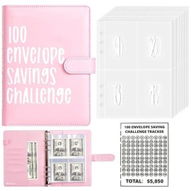 100 Envelopes Money Saving Challenge, New 100 Envelope Challenge Binder, Easy and Funny Way to Save $5,050 Budget Planner, 100 Day Envelope Challenge Kit Money Saving Binder Pink - color: red