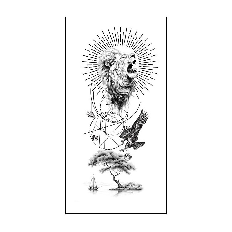 2 Sheets Temporary Lion Tattoo Wolf Tattoo Compass Tattoo Eagle