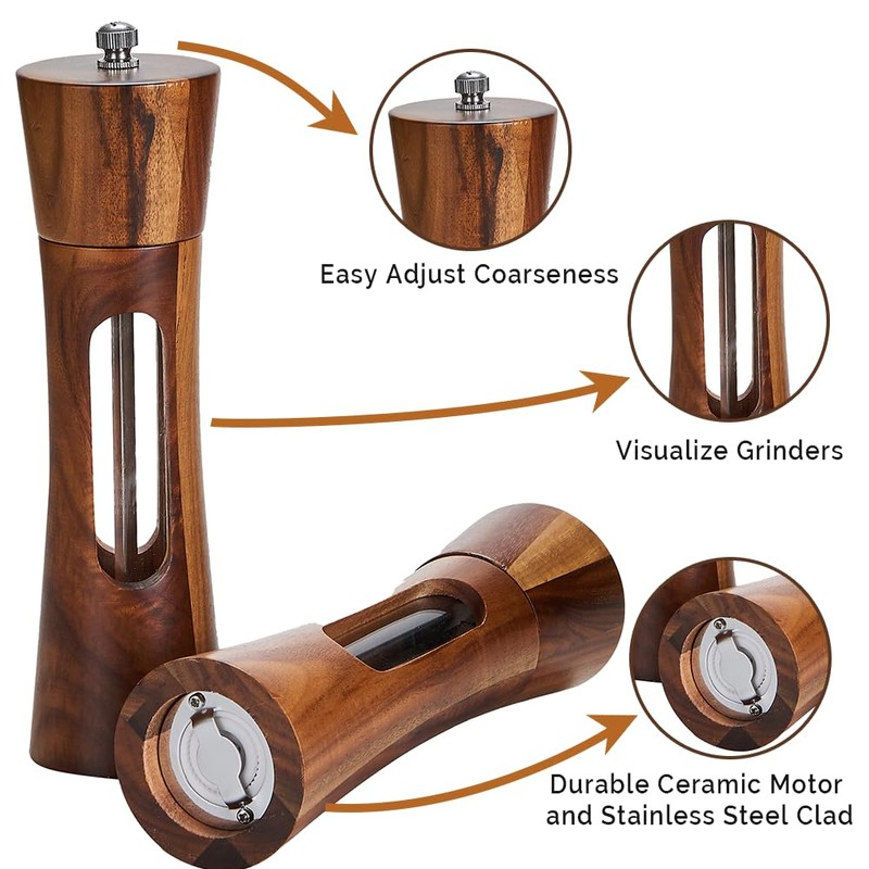 Wooden Salt and Pepper Grinder Set with Tray, 8 Inch