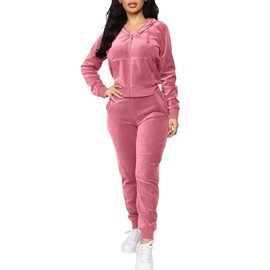 BOGURST Womens Jogging Suits Warm Up Velour Outfit Sets Zipper Running Workout Tracksuit Pink 2XL