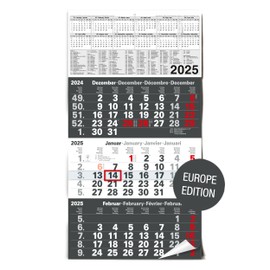 TOBJA 3 Month Calendar 2025 Wall Calendar with Slider Europe Version - "Anthracite" Calendar 2025 Wall Calendar FSC Certified Large Format 56 x 30 cm (Folded!)