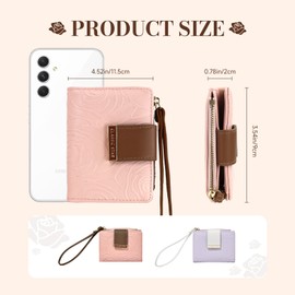 MultiValue Womens Wallet, Slim Small Wallet Embossed Flower Wristlet Wallets for Women Bifold PU Leather Credit Card Holder with ID Window Zipper Coin Purse (Purple)