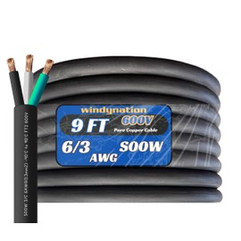 WindyNation 9 Feet 6/3 6 AWG SOOW SO Cable Cord Wire - 6 Gauge 3 Conductor 600V Portable Power Extension Cord Cable for EV Chargers, Motor Leads, Portable Lights, Battery Chargers, and Machinery