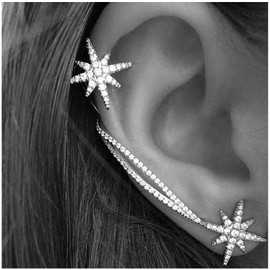 Yheakne Crystal Northstar Cuff Earrings Silver Star Ear Climber Earrings Boho CZ Cartilage Ear Crawler Earrings Punk North Star Clip On Wrap Earrings Jewellery for Women and Teenage Girls, Alloy Steel