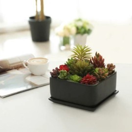 MyGift Matte Black Ceramic Small Indoor Plant Pot with Drainage, Modern Square Flower H
