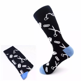 Perfect Edge Comfy Socks With Scissor Design, Black With Blue Toe/heel And White Scissors
