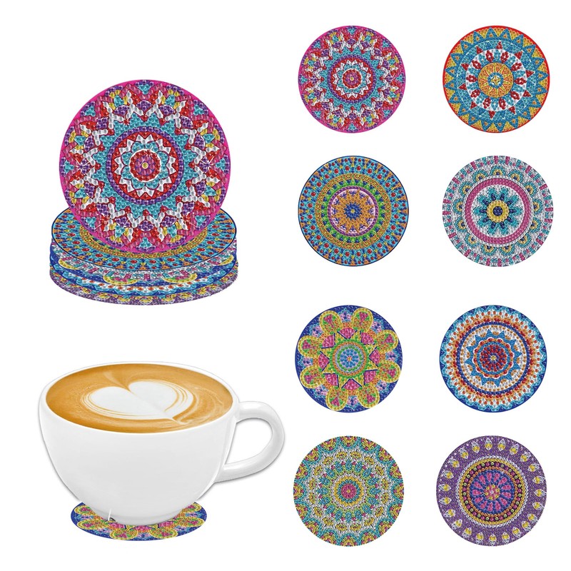 8 PCS 5D DIY Diamond Crafts Painting Coasters, Round Diamond