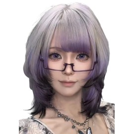 Wig, Wolf Cut, Semi-Long, Straight, Purple, Ash, Gradient, Medium Wig, Women's Wig, Curly Hair, Lolita, Harajuku Mesh, Imechen, Small Face, Natural, Heat Resistant, Everyday (Purple, Gray, Gradient