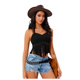 BEAUDRM Women's Y2K Fringe Halter Western Cowgirl Tie Tank Top Tassel Rivet Faux Suede Hippie Crop Top 70s 60s Vintage Black Solid Large