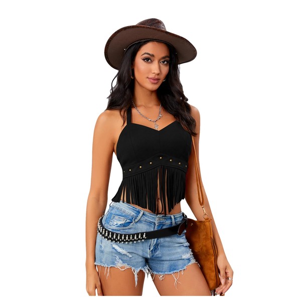 BEAUDRM Women's Y2K Fringe Halter Western Cowgirl Tie Tank Top