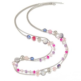 FULU AUTUMN Long Layered Statement Necklaces for Women Silver Crystal shell Chain Necklace Boho Costume Jewellery Birthday Gifts(Hot pink)