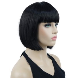 Lydell 8" Short Bob Hair Flat Bangs Cute Central Dot Skin Top Heat Resistant Synthetic Wigs (Natural black)