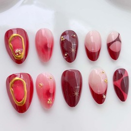 30Pcs Short Almond Press On Nails French Tip Fake Nails Star With 3D Gold Steel Ball Design Red False Nails Ombre Press Ons Acrylic Artificial Nails Glossy Glue On Nails Stick On Nails For Women