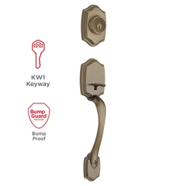 Kwikset Belleview Front Door Lock Handle and Deadbolt Set, Entry Handleset Exterior with Interior Door Knob, Antique Brass, Pick Resistant SmartKey Rekey Deadbolt Security