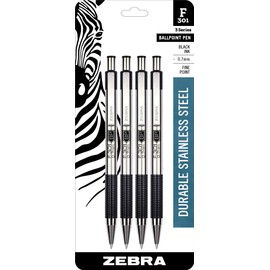 Zebra Pen Zebra Pen F-301 Retractable Ballpoint Pen, Stainless Steel Barrel, Fine Point, 0.7mm, Black Ink, 4-Pack (Packaging May Vary)