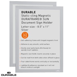 Durable Duraframe Static-Cling Magnetic Sun Document Sign Holder - Letter Size 8.5" x 11" Inch - Silver Pack of 2