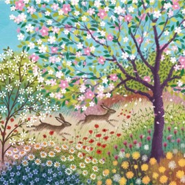 Noel Tatt Birthday/Blank Greeting Card for Women with Artistic Ian Saxton Floral Meadow Hares Design - General Card Suitable for Any Occasion