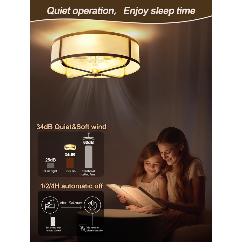 Beiduna 18" Gold Flush Mount Ceiling Fan with Light, Caged
