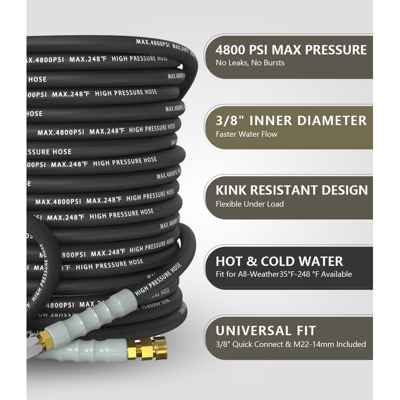 NAVOHEVEN 3/8" Pressure Washer Hose 50FT 4800 PSI, Kink Resistant