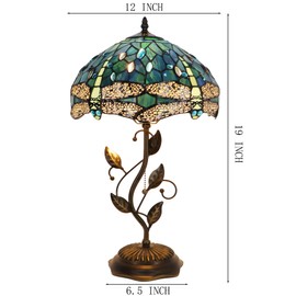 LXHCYOU Tiffany Table Lamp, Stained Glass Desk Light, W12H19 Inch, Metal Leaf Base (Dragonfly Style)