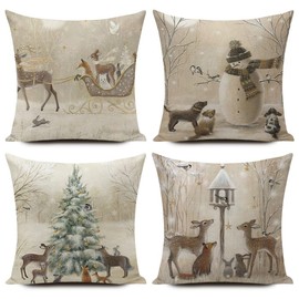 KUNQIAN Christmas Cushion Covers Xmas Christmas Decorations Throw Pillow Cover Winter Animal Snowman Grey Set of 4 Christmas Decor For Sofa Living Room Home 18x18 Inch 45x45cm