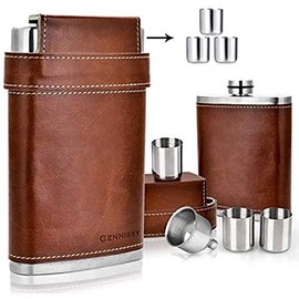 GENNISSY 8oz Hip Flask for Men - 304(18/8) Stainless Steel Bourbon Whiskey Flask, Leakproof with Brown Leather Wrap - Includes Funnel & 3 Mini Cups for Dad, Gifts, Travel