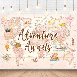 InMemory Adventure Awaits Backdrop Vintage Pink Brown World Map Photography Background Begin Travel Theme Birthday Bridal Wedding Baby Shower Party Decoration Banner 7x5ft