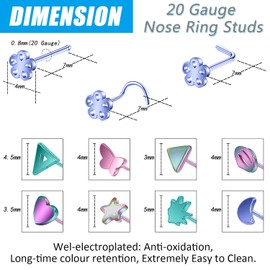 ZS 9PCS 20G Nose Rings for Women, 316L Stainless Steel Nose Piercings Jewelry, Colorful Screw L-Shape Nose Studs Rings (Corkscrew)