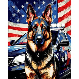 LAENAKR German Shepherd Dog American Flag, Paint by Numbers Kits for Adults Seniors Acrylics DIY Oil Painting Kits Linen Material 16x20 Inch, Without Frame