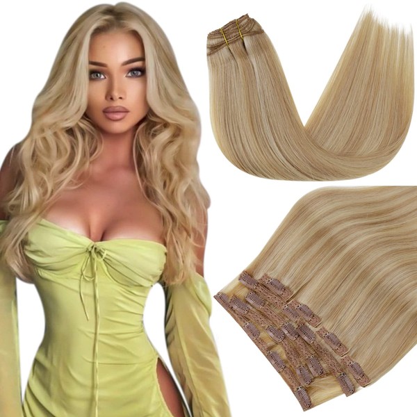 RUNATURE Real Hair Clip-In Blonde Extensions Straight Real Hair Clip in Golden Blonde with Light Blonde Clip-In Extensions Blonde Remy Real Hair Clip-In Extensions 50 cm 20 Inches 100 g #16P24