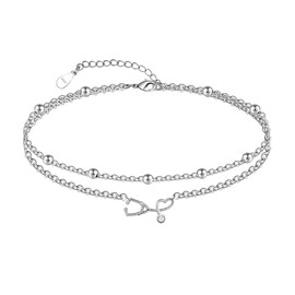 CHIC & ARTSY Stethoscope Anklet 925 Sterling Silver Nurse Layered Anklet for Women Adjustable Double Layer Chain Anklet Bracelet Nurse Multi Layered Anklet Bracelet