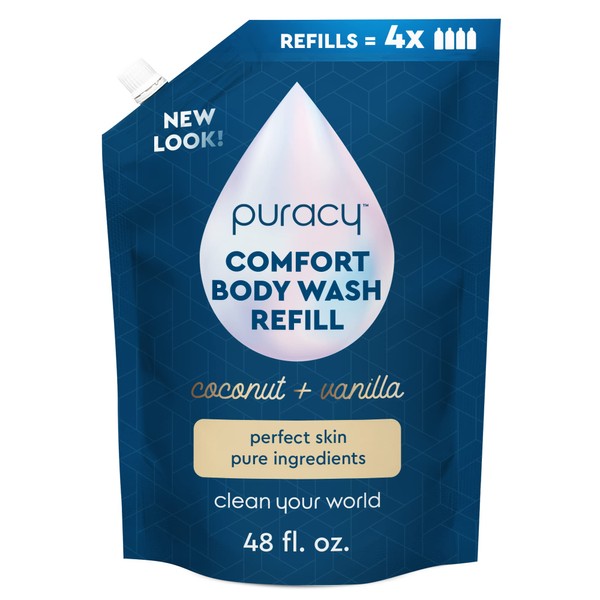 Puracy Body Wash Refill - Perfect Skin - 98.6% Pure Plant Ingredients, Moisturizing Natural Shower Gel for Dry and Sensitive Skin, Invigorating Scent (Coconut & Vanilla, 48 Ounce)