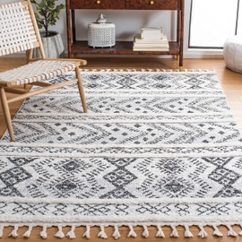 SAFAVIEH Moroccan Tassel Shag Collection Accent Rug - 3' x 5', Ivory & Grey, 2-inch Thick Ideal for High Traffic Areas in Entryway, Living Room, Bedroom (MTS630A)