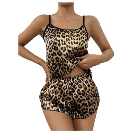 SOLY HUX Pajama Sets for Women 2 Piece Leopard Print Satin Sleepwear Cami Top and Shorts Loungewear Yellow Leopard Small