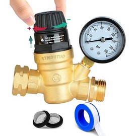 RV Water Pressure Regulator for RV Camper. Brass Lead-Free Adjustable Camper Water Pressure Regulator with 0-160 PSI Gauge ，Reducer Valve W Filter，Package includes 1 raw tape for water pipes.
